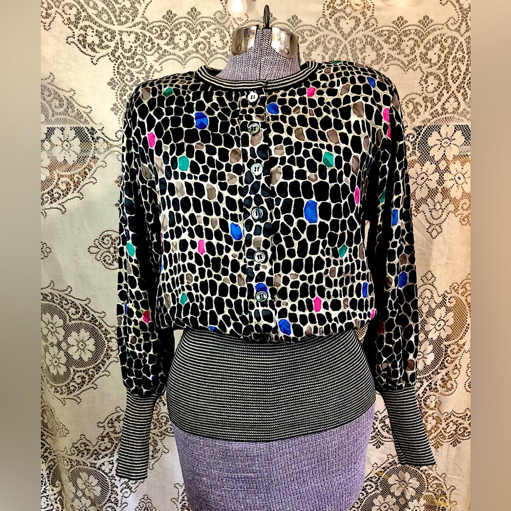 Vintage silk long sleeve blouse colorful dots knit bottom retro small